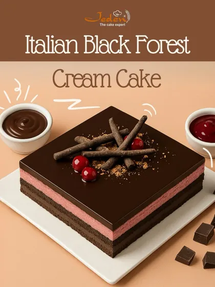 A sophisticated take on a classic, our Italian Black Forest Cream Cake features layers of rich chocolate sponge, cherry filling, and a smooth, glossy chocolate glaze.