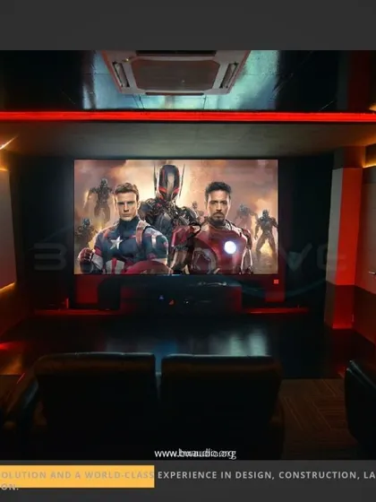 Designed for the ultimate action movie fan, this theater features powerful red and orange accent lighting that complements the on-screen excitement. The setup includes a full surround sound system for impactful audio.