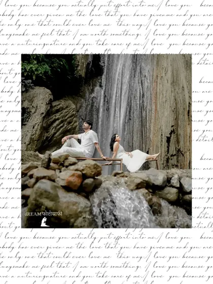 A creative portrait of the couple by a waterfall, overlaid with handwritten text, giving the image a personal, diary-like feel.