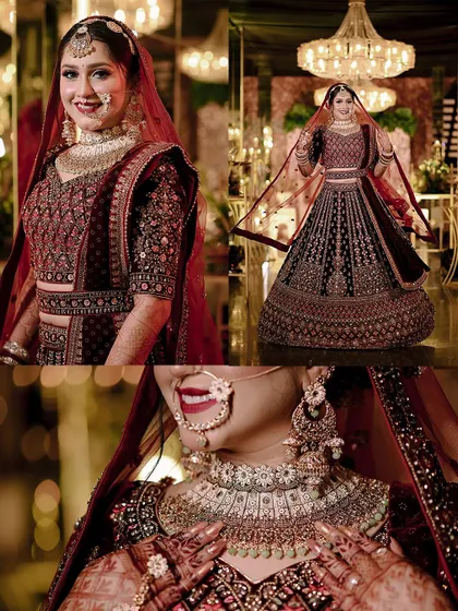 A collage focusing on the bride's stunning smile, jewelry, and full lehenga.