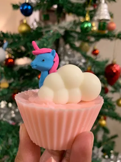 A close-up of my Unicorn Cupcake Soap, complete with a unicorn eraser embed and a fluffy cloud soap on top.