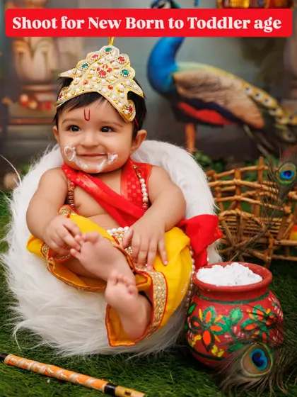 A promotional image clarifying that my Janmashtami shoots are perfect for babies from newborn to toddler age.
