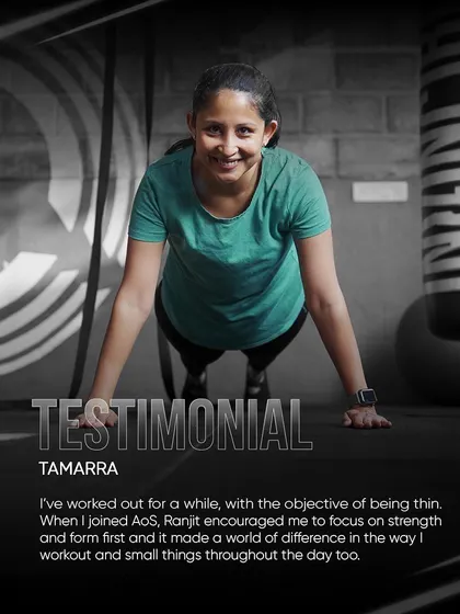 Tamarra's testimonial graphic, capturing her strength and positive experience with our coaching philosophy.