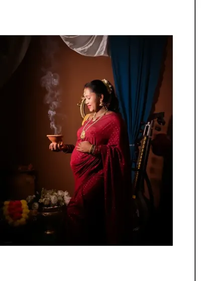 For those who want to honor their heritage, I offer shoots inspired by the timeless art of Raja Varma. The dramatic lighting, rich colors of the saree, and traditional props like this dhuni create a portrait that feels like a classical painting, full of grace and cultural significance.