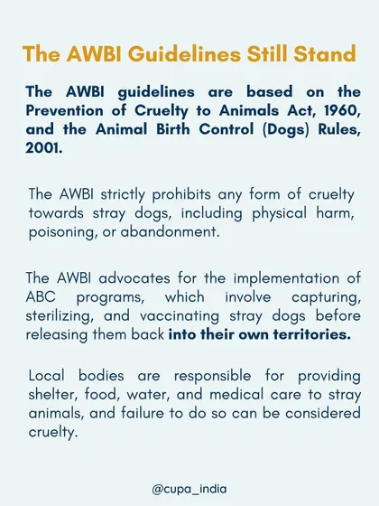 A reminder that existing laws like the AWBI Guidelines, based on the Prevention of Cruelty to Animals Act, already prohibit cruelty and advocate for ABC programs.