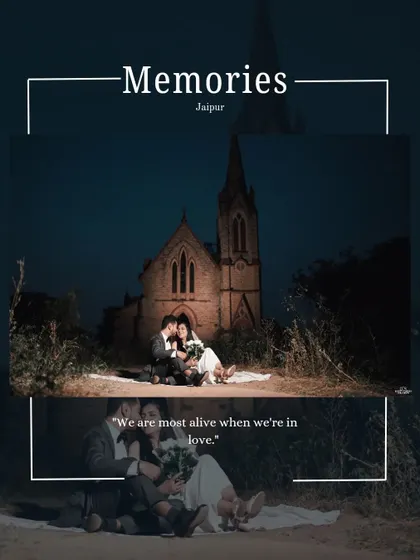 A romantic night picnic scene set before a historic church in Jaipur, with the couple framed by the dramatic architecture under a dark sky.