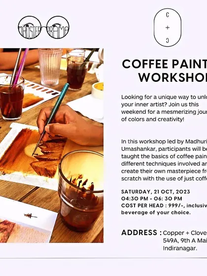 An advertisement for one of my coffee painting workshops, highlighting the unique experience of unlocking your inner artist with just coffee.