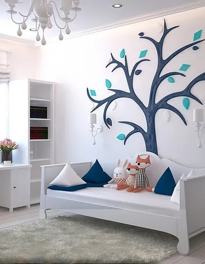 A stylized tree mural in a bright, minimalist room. This 3D-effect wall art serves as a serene and artistic centerpiece for a bedroom or study area.