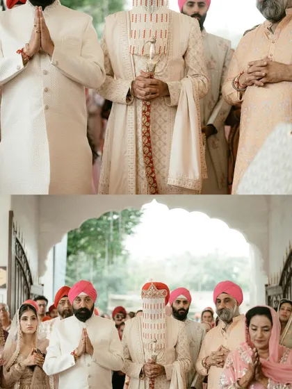 A diptych showing the groom's procession and arrival for the Anand Karaj. It captures the respectful prayers and anticipation of the wedding ceremony.