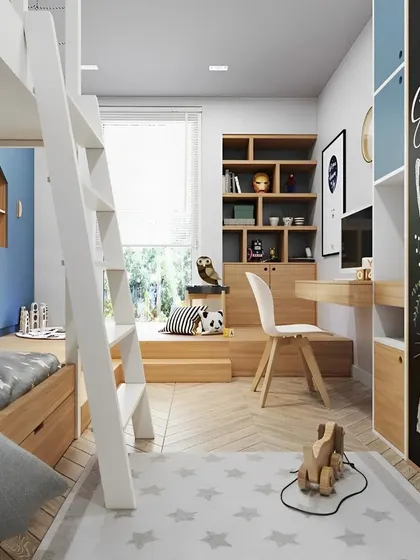 A playful kids' room with a bunk bed and a chalkboard wall for creative expression. The design includes a cozy study nook and clever storage solutions.
