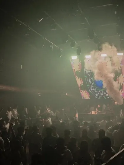 The scene at Diaz, Goa. A packed floor, smoke filling the air, and my custom visuals on the big screen. This is what a high-energy club night looks like.