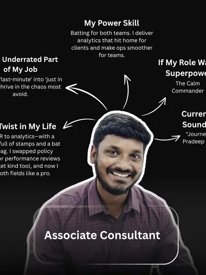 Santhosh describes his role as "The Calm Commander," thriving in chaos to turn last-minute requests into just-in-time solutions. He delivers analytics that hit home for clients while making operations smoother for internal teams.