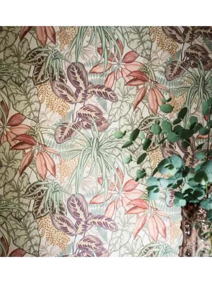 The Hothouse fabric from Osborne & Little celebrates the beauty of indoor plants in a subtle blush and lichen palette. This elegant botanical print is perfect for adding a touch of nature-inspired sophistication to any room.