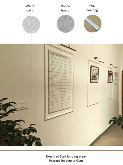 Even simple walls are treated with care. In the passage leading to the gym, I used simple PVC beading to create framed sections for a notice board and artwork, adding a layer of architectural detail to an otherwise plain surface.