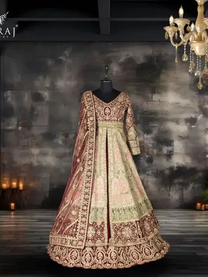 Step into a world of opulent splendor with this Indo-Western masterpiece, a mesmerizing blend of multicolor brilliance crafted from Tissue Silk and Velvet.