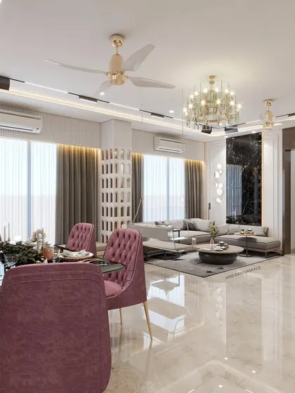 A render of a spacious living and dining area in Borivali. This visualization was crucial for planning the open-concept layout, including the placement of the chandelier and the flow between the seating and dining zones.