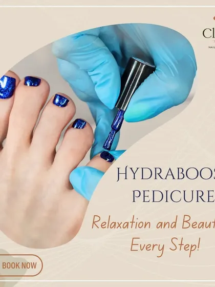 Our Hydraboost Pedicure offers relaxation and beauty in every step. This graphic highlights our service designed to hydrate, relax, and rejuvenate tired feet.