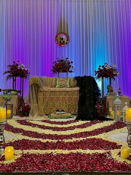 Details matter to us. For this Guru Ji satsang, we meticulously arranged paths of red and white rose petals leading to the main seating area, adding a touch of elegance and devotion to the sacred space.