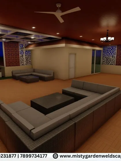 A night-time 3D render of a spacious terrace lounge. This visualization helps plan the lighting and furniture arrangement to create a cozy and inviting atmosphere for evening gatherings.
