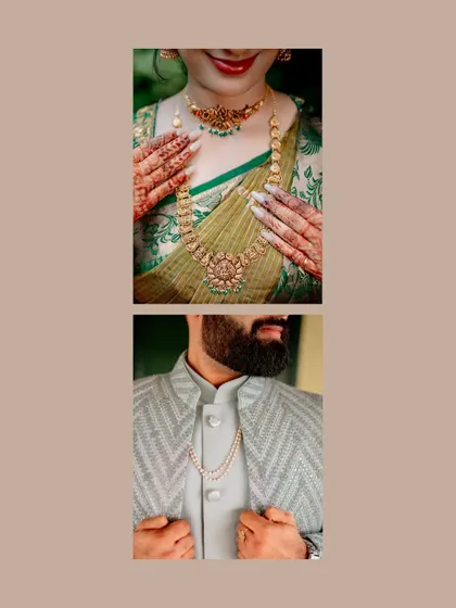 A collage of beautiful details from an engagement in Sringeri, focusing on the traditional jewelry and attire of the bride and groom.