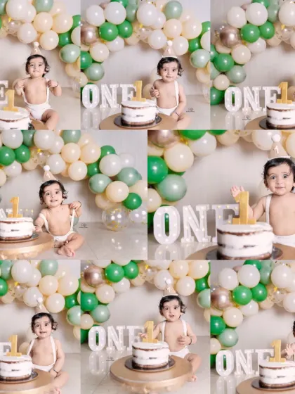 A fun collage from a first birthday cake smash session. It captures the many expressions of a baby boy enjoying his cake against a festive backdrop of green and white balloons.