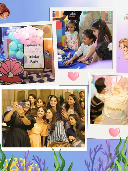 A collection of sweet moments from the mermaid birthday bash, including a welcome sign, cake, and a group selfie with all the moms.