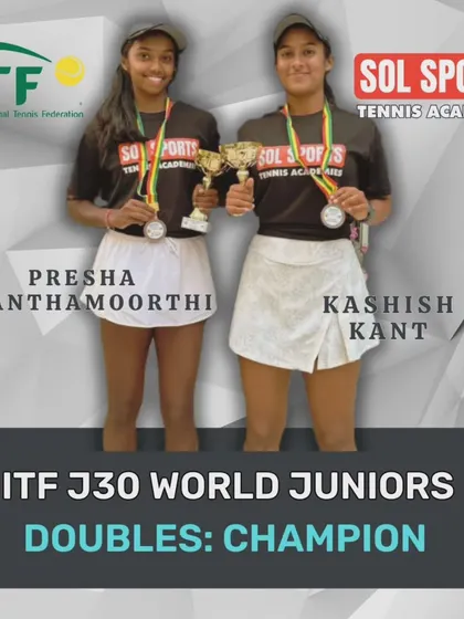 Our doubles teams are a force to be reckoned with. Here, Presha Shanthamoorthi and Kashish Kant celebrate their ITF J30 World Juniors Doubles Champion title in Ethiopia, a result of our specialized doubles strategy sessions.