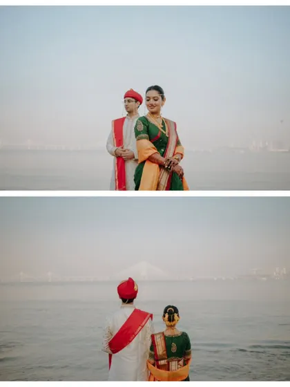 A beautiful couple portrait set against the iconic backdrop of Mumbai's Bandra-Worli Sea Link. I specialize in using local cityscapes to create memorable pre-wedding and wedding photos.