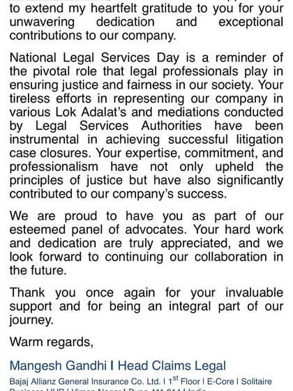 A closer look at the letter of appreciation. It is moments like these that reinforce my commitment to the principles of justice and fairness in my profession.
