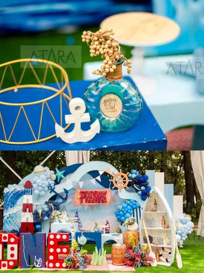 A collage of a nautical-themed first birthday. It shows the main stage with 'ONE' block letters, an anchor, and a ship's wheel, along with a close-up of some of the detailed decor.