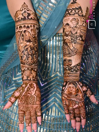 This full bridal mehandi tells a complete story, with portraits of the couple, a doli scene, and other wedding rituals.