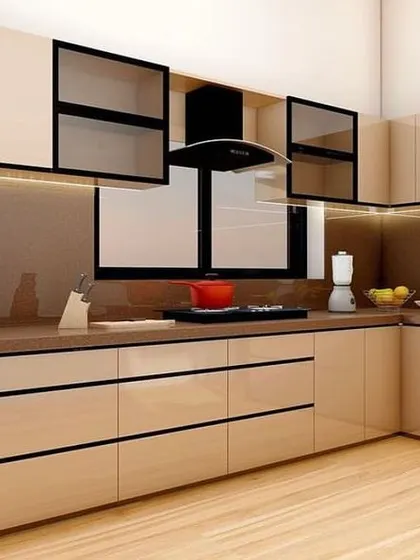 This 3D design visualizes a kitchen with beige glossy cabinets and a brown countertop. The render includes details like the chimney, glass-front cabinets, and under-cabinet lighting, giving a complete picture of the final installation.