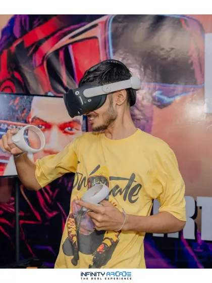 A student enjoys a VR game at our event stall, smiling as he gets lost in a new digital world.