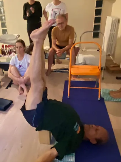 Additional images from my personal practice and teaching sessions, demonstrating a wide variety of asanas and the use of props. Each photo shows a moment of exploration in the journey of yoga.