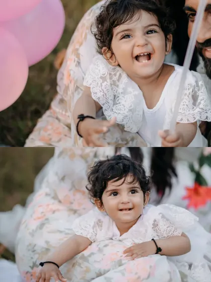Two portraits capturing the infectious laughter and sweet smile of a toddler. These candid moments are what make family photoshoots so special, preserving the genuine happiness of your child at this precious age.