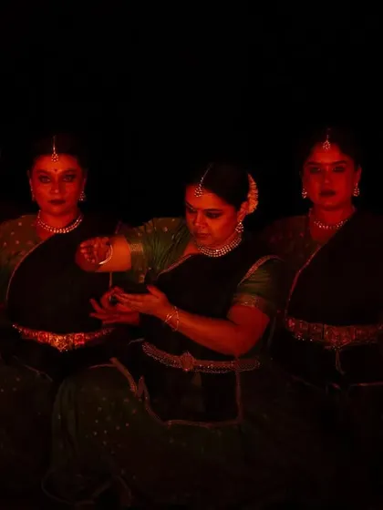 A close-up on the expressive 'hastas' (hand gestures) and 'abhinaya' (facial expressions) from 'Ek Anant', which are crucial for conveying the story's nuances.