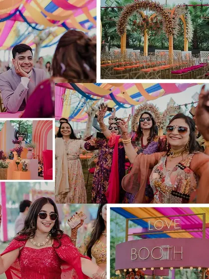 A collage of the vibrant carnival-themed pre-wedding party. It showcases the colourful decor, the 'Love Booth', and the guests having an amazing time.