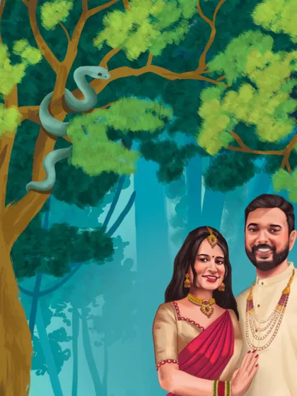 A detailed view of the couple and the jungle canopy from their custom wedding invite. The goal was to create a feeling of a love story unfolding in a magical wilderness.
