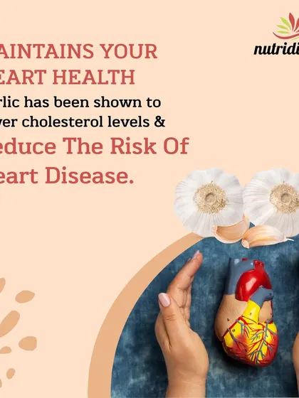 This image explains that garlic helps maintain heart health by lowering cholesterol levels and reducing the risk of heart disease.