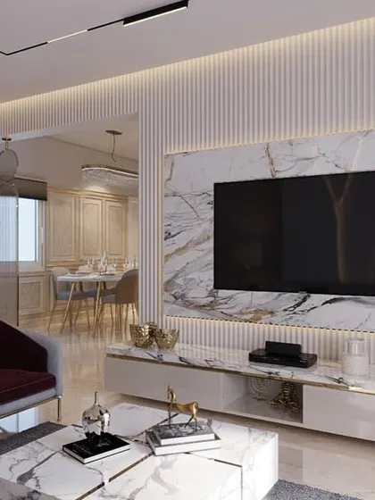 The same luxurious living room render, showcasing the open-plan view towards the dining area.