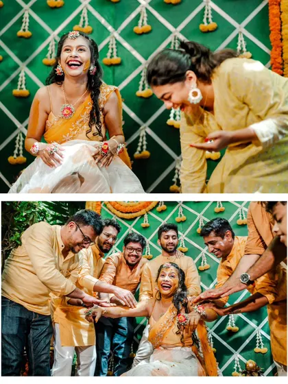 A collage of a bride's Haldi ceremony, capturing her infectious laughter as friends and family apply turmeric paste.