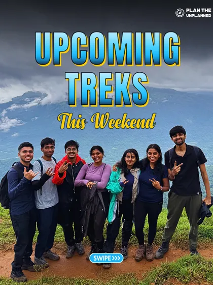 A group of friends posing at a viewpoint with mountains in the background. Swipe to see our list of weekend treks and choose your next journey.