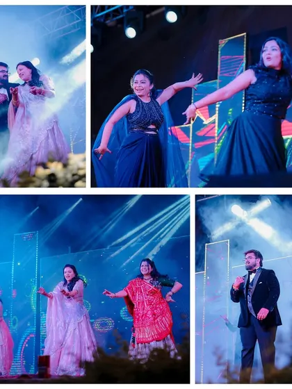 The Sangeet is all about performances, and we capture them all. This collage shows the couple's dance, as well as energetic performances by family and friends on the brightly lit stage.