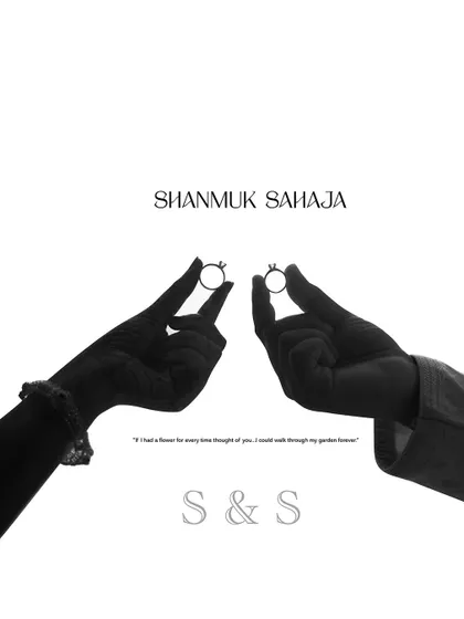 A creative graphic showing the silhouette of two hands with rings, personalized with the couple's names.