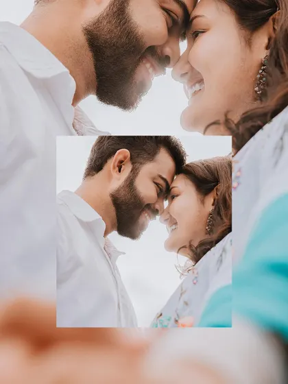 A creative collage focusing on the couple's happy, intimate smiles.