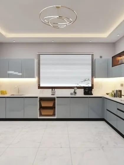 This render focuses on the clean lines and ample counter space of the U-shaped blue kitchen, showing how we plan for both aesthetics and practicality.