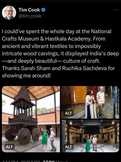 A screenshot of Tim Cook's tweet after our walkthrough, where he mentioned his appreciation for India's deep and beautiful culture of craft. A truly humbling moment.