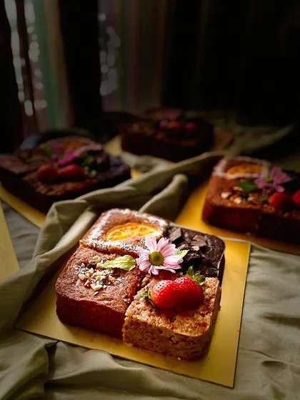 A beautiful 4-in-1 cake that went out for Valentine's Day. It features four of my popular whole wheat flavours: moist coconut orange, rich chocolate, apple strawberry, and date and nuts.