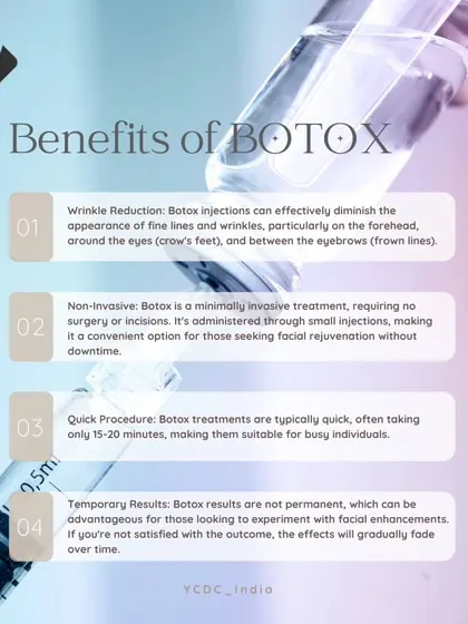 This infographic outlines the key benefits of Botox: effective wrinkle reduction, a non-invasive procedure with no downtime, and quick treatment times suitable for busy individuals.