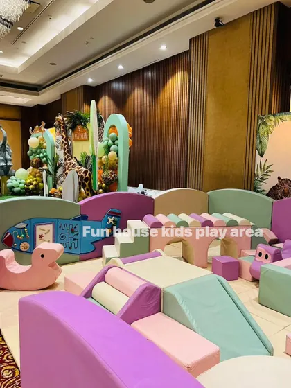 Our pastel play area was the centerpiece for this jungle-themed party, showing its versatility. The setup includes a rocker, bridge, and ball pit.